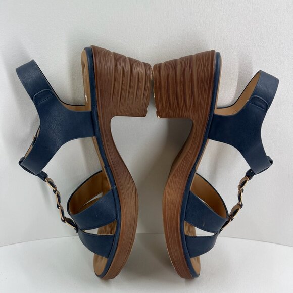 Patrizia Taney Wedge Sandals Womens 9 Comfort T-Strap Slingback Block Heels Blue - Picture 7 of 15